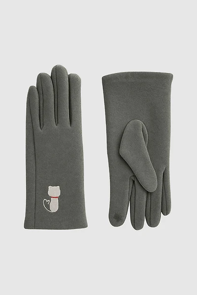 Knit gloves with cat embroidery