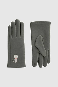 Knit gloves with cat embroidery