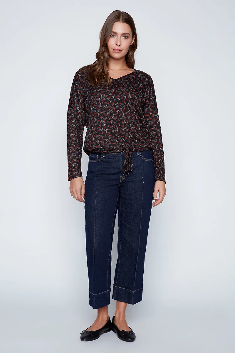 Leaf print drawstring hem top