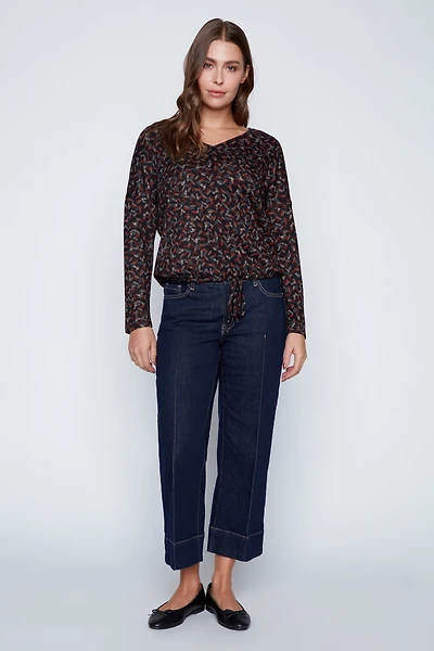 Leaf print drawstring hem top