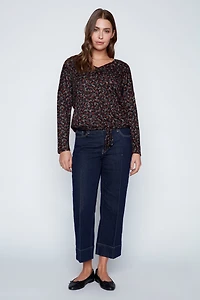 Leaf print drawstring hem top