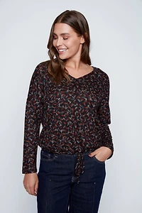 Leaf print drawstring hem top