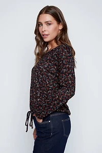 Leaf print drawstring hem top