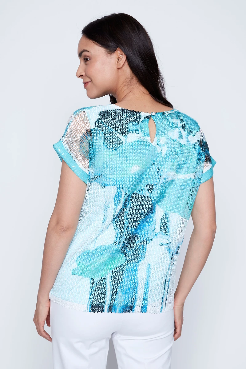 Printed sequin knit top