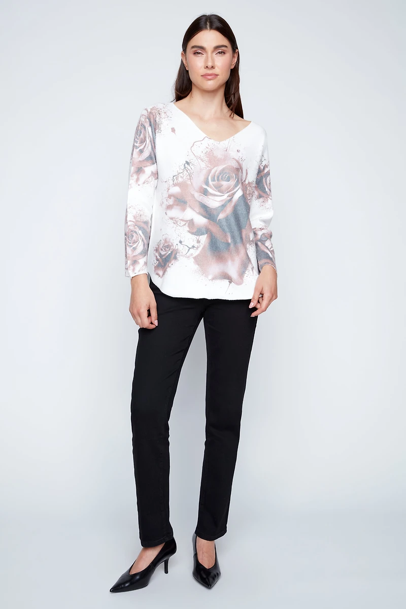 Dolman sleeve roses print top