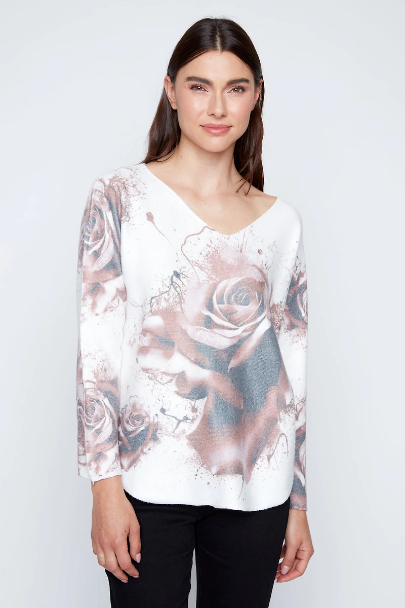 Dolman sleeve roses print top