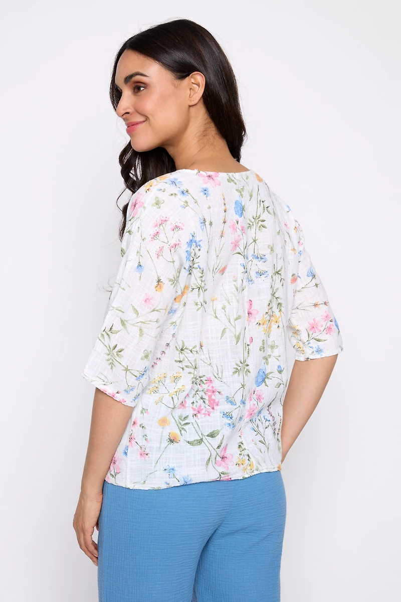 Floral leaf print cotton gauze top