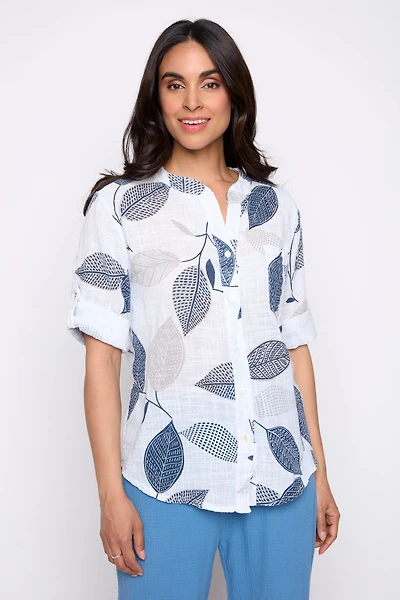 Leaf print cotton gauze top