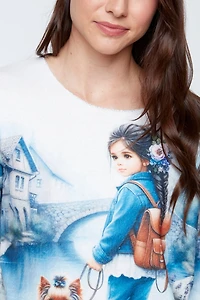 Little girl with dog print knit top