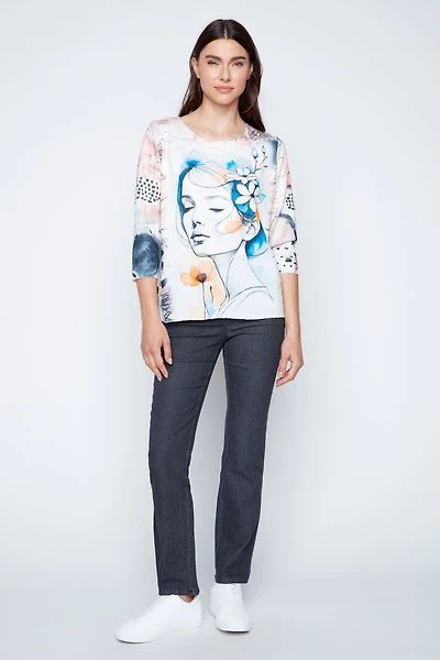 Feminine portrait print knit top