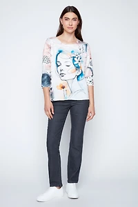 Feminine portrait print knit top
