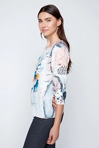 Feminine portrait print knit top