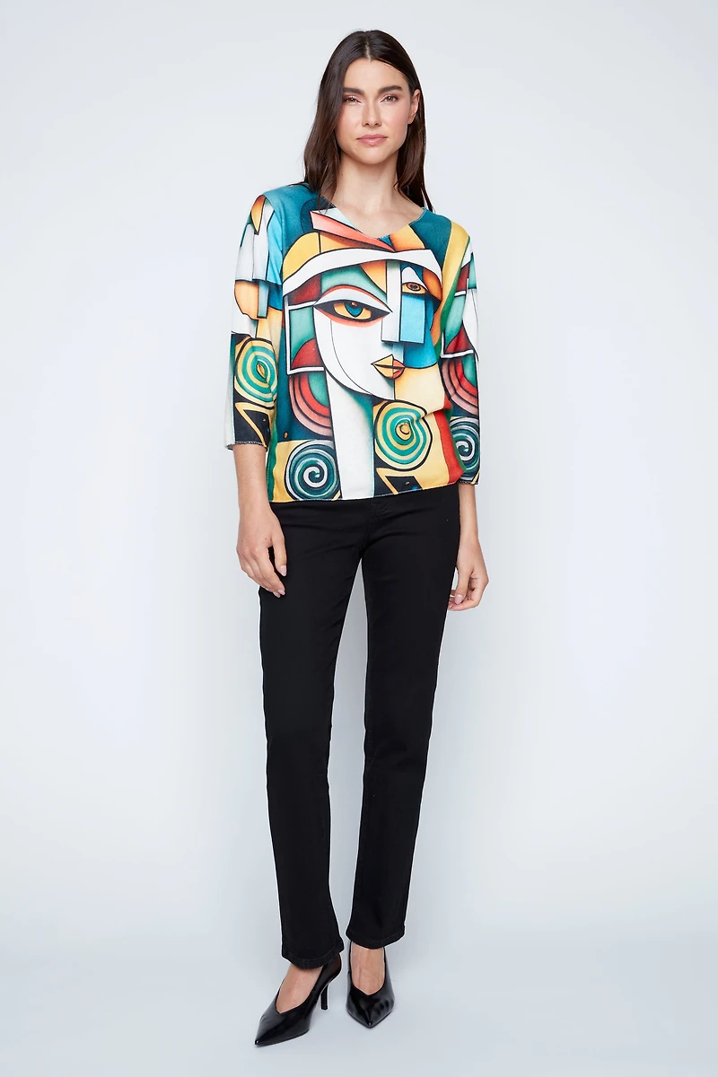 Avant garde face print knit top