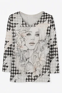 Floral portrait houndstooth print sweater