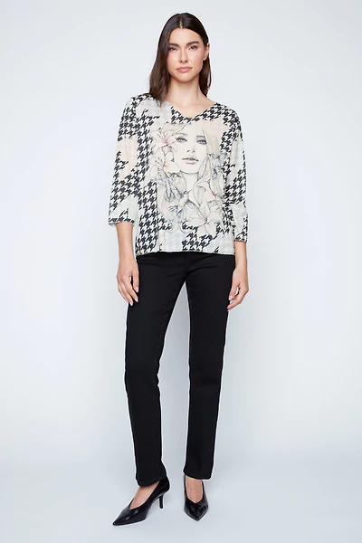 Floral portrait houndstooth print sweater