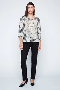 Floral portrait houndstooth print sweater