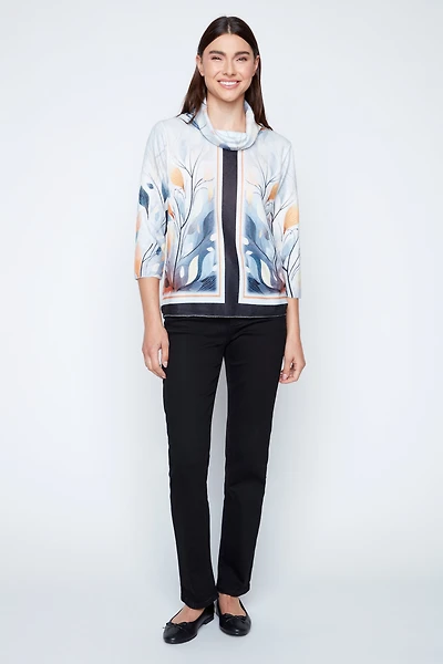 Leaves print cowl neck knit sweater