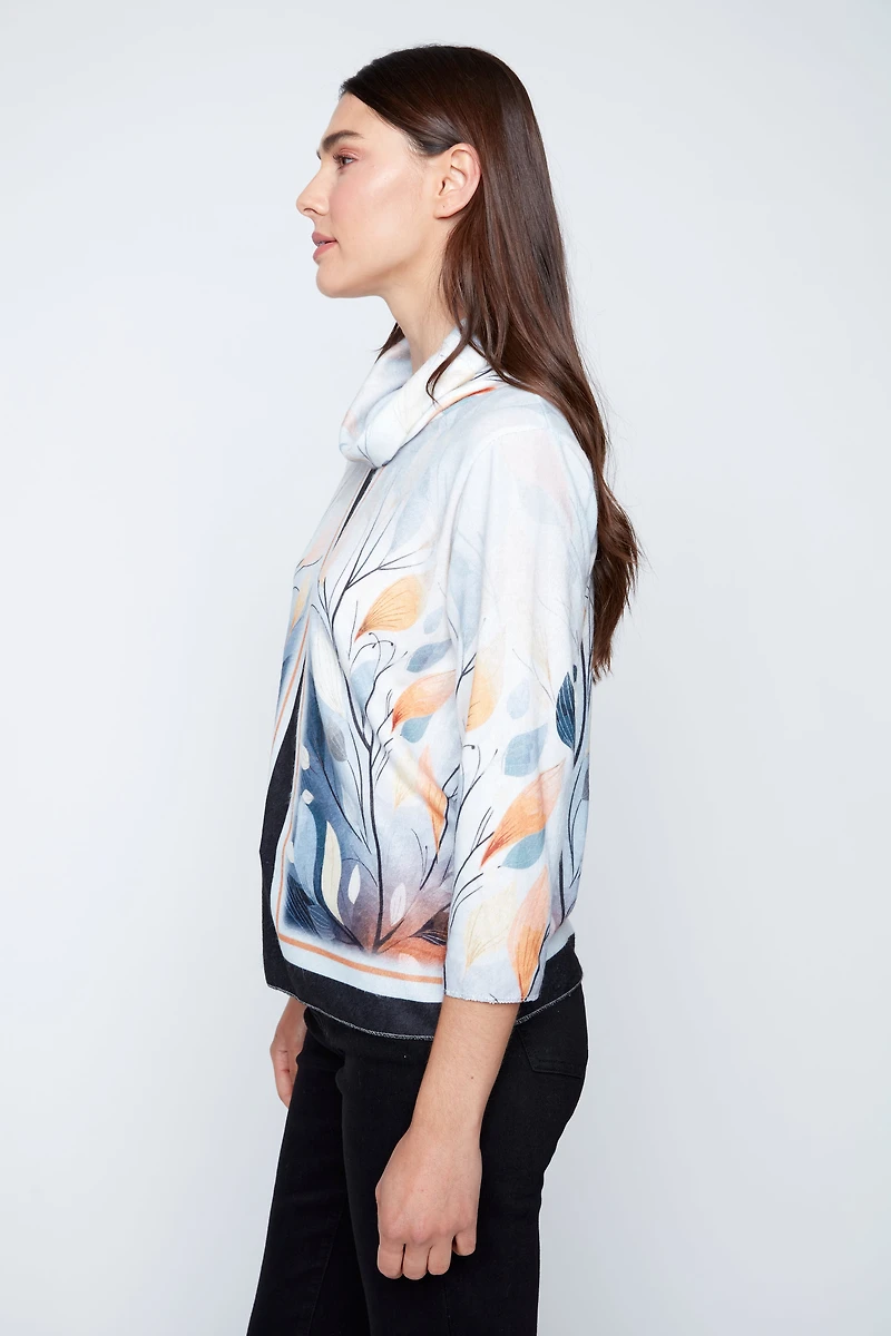 Leaves print cowl neck knit sweater