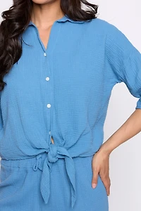 Tie front solid cotton gauze shirt