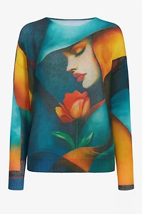 Lady with flower print sweater