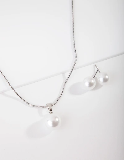 Silver Large Pearl Stud Necklace Earrings Set