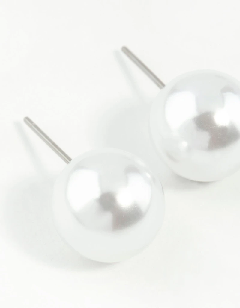 Silver Round Pearl Stud Earrings