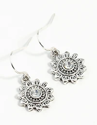 Antique Silver Sun Diamante Earrings