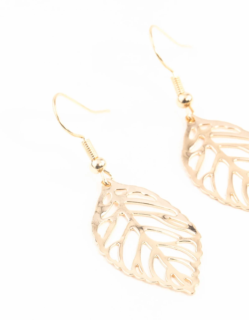 Gold Filigree Leaf Drop Earrings