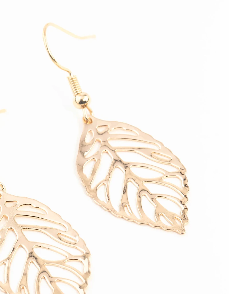 Gold Filigree Leaf Drop Earrings