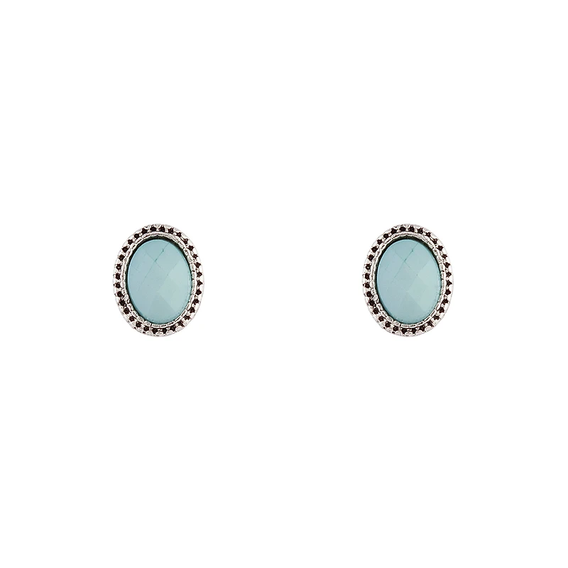 Antique Silver Blue Oval Stud Earrings
