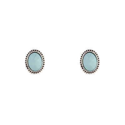 Antique Silver Blue Oval Stud Earrings