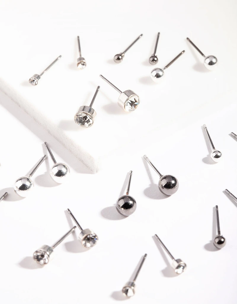 Silver Diamante Tiny Graduated Black Earrings 12-Pack