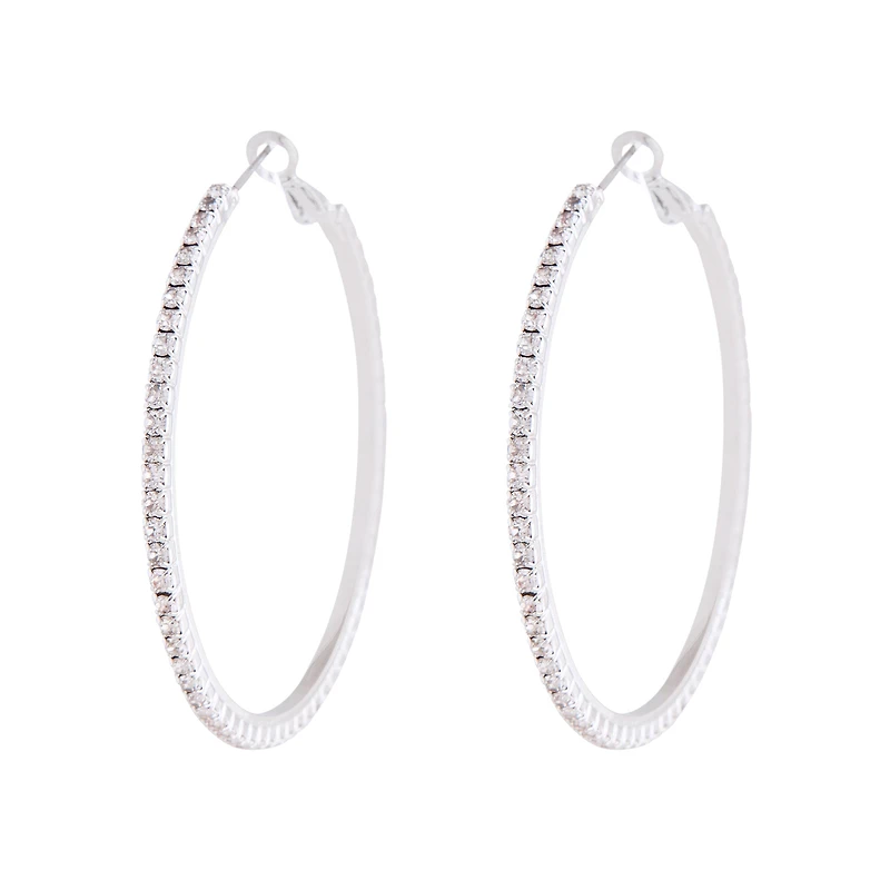 Silver Square Edged Diamante Detailed Hoop Earrings