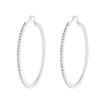 Silver Square Edged Diamante Detailed Hoop Earrings