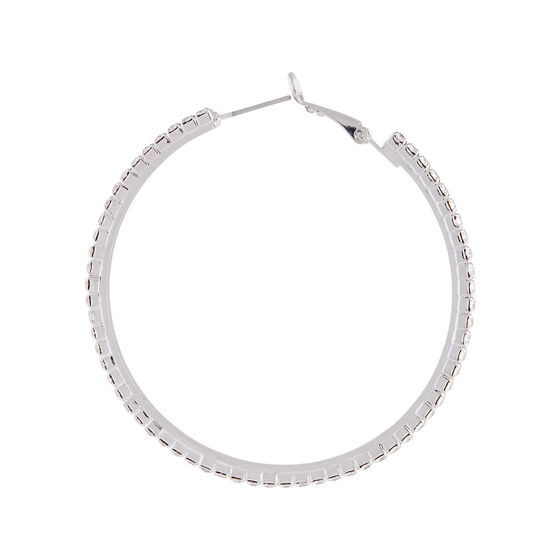 Silver Square Edged Diamante Detailed Hoop Earrings