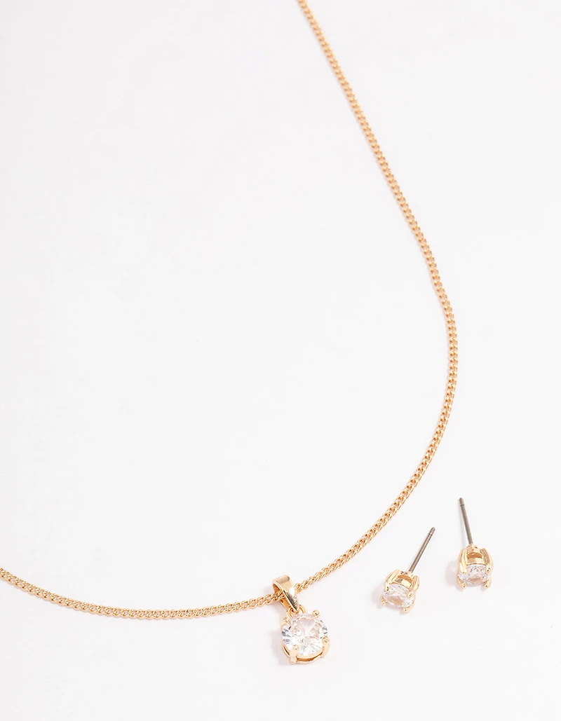 Gold Cubic Zirconia Classic Necklace Earrings Set