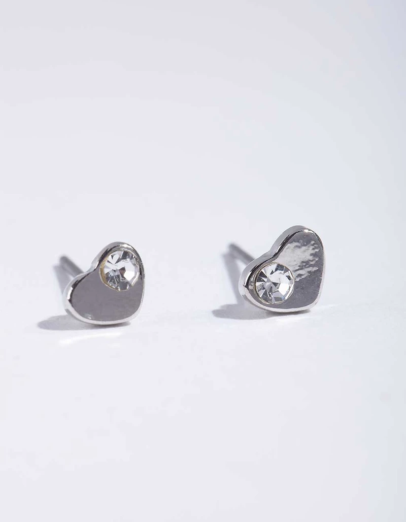 Silver Mini Diamante Heart Stud Earrings