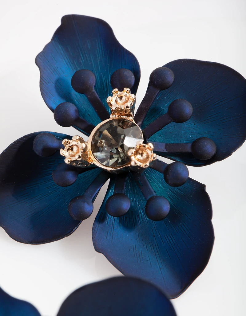 Navy Matte Coated Orchid Stud Earrings
