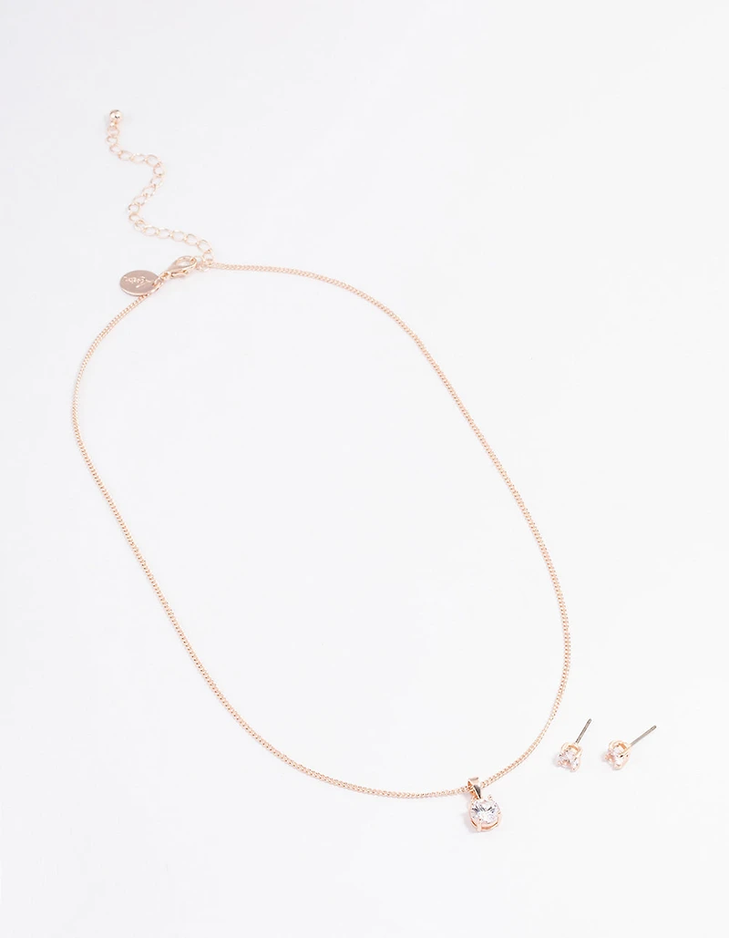 Rose Gold Cubic Zirconia Necklace Earrings Set