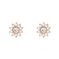 Gold White Flower Diamante Stud Earrings