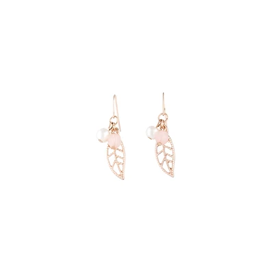 Rose Gold Pink Bead Leaf Drop Earrings
