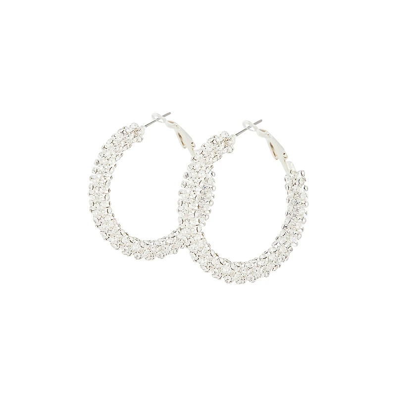 Crystal Encrusted Chunky Silver Hoop Earrings