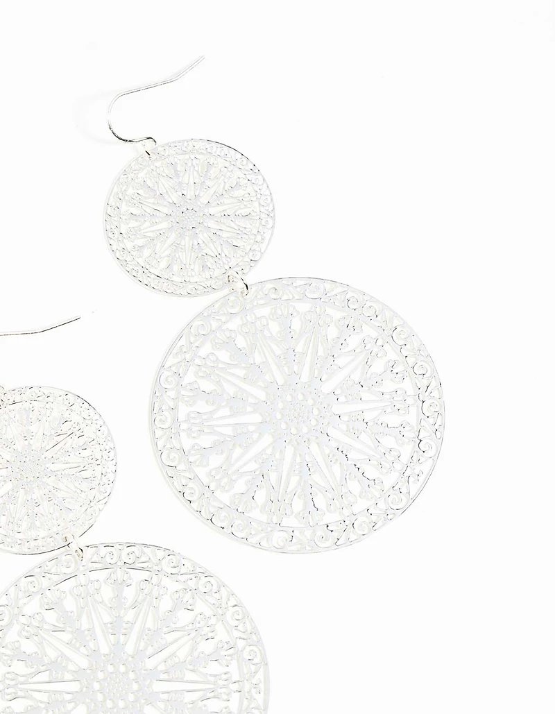 Silver Filigree Statement Disc Drop Earrings