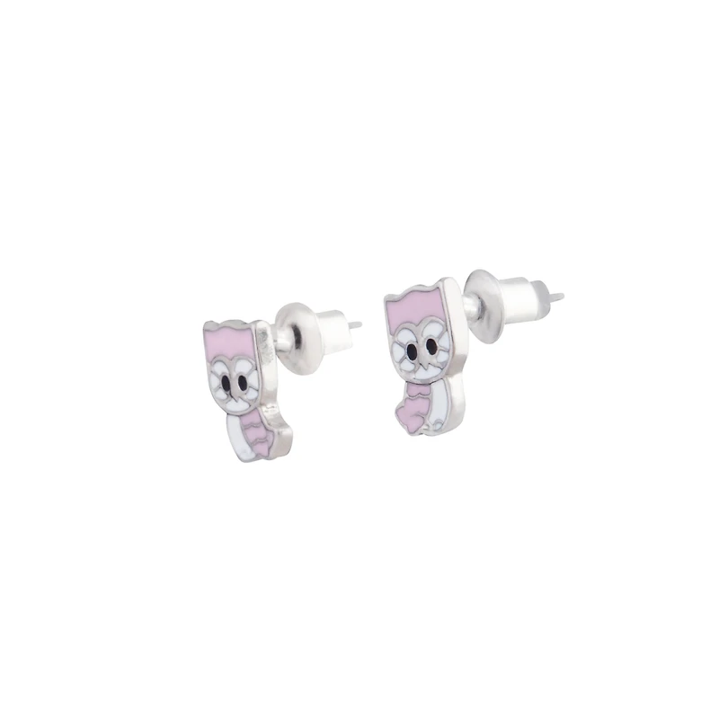 Pink White Owl Stud Earrings