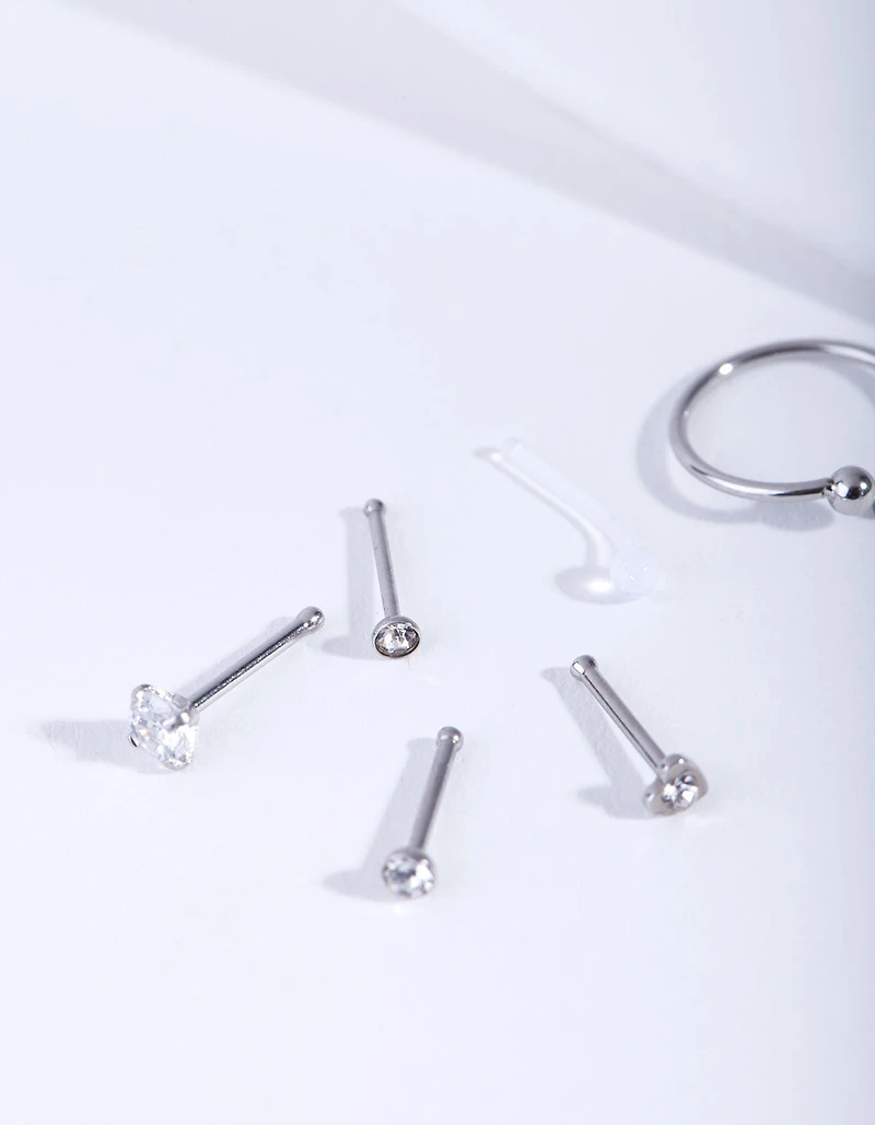 Silver Surgical Steel Mixed Nose Piercing 6-Pack