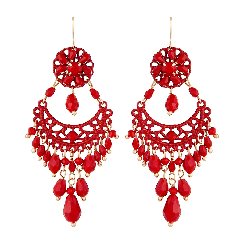 Red Beaded Chandelier Drop Earrings
