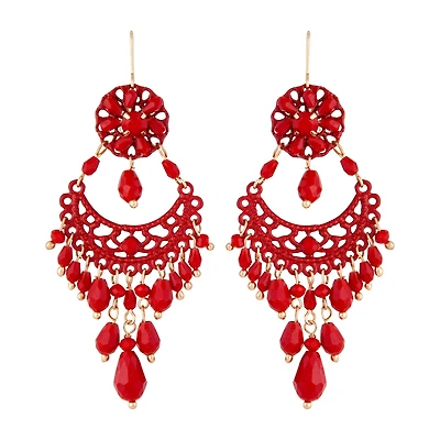 Red Beaded Chandelier Drop Earrings