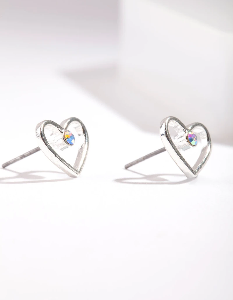 Silver Cut Out & Diamante Heart Stud Earring