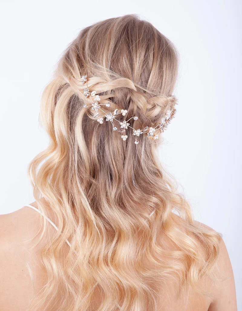 Rose Gold Diamante Flower Pearl Hair Vine
