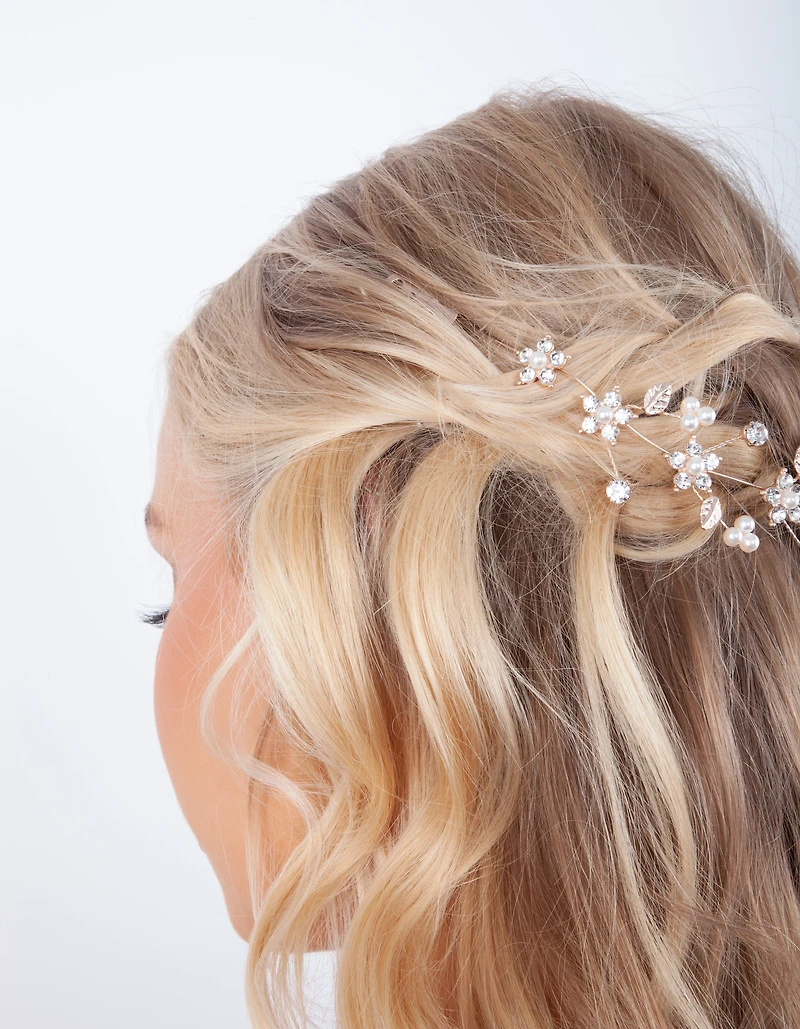 Rose Gold Diamante Flower Pearl Hair Vine